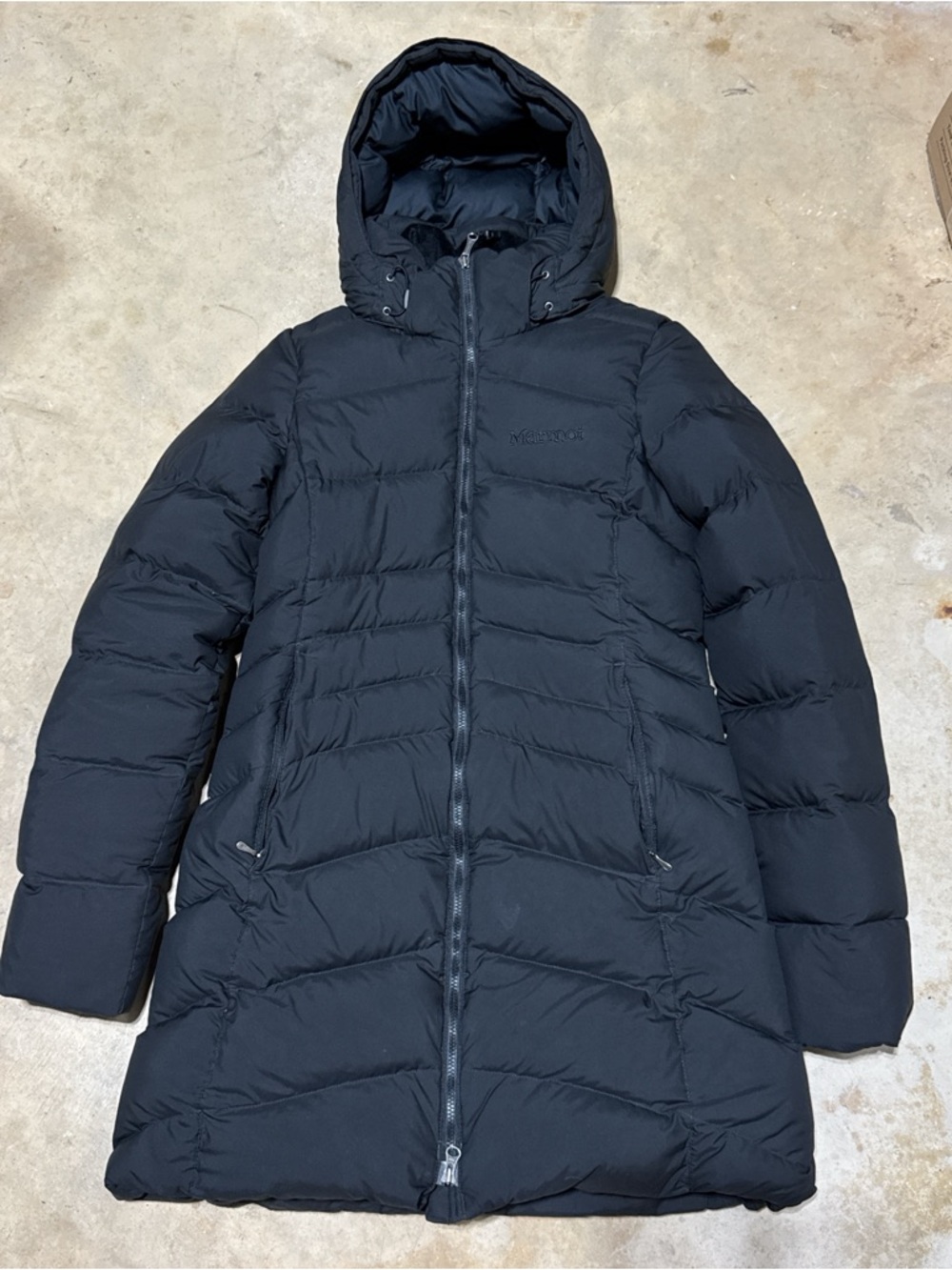 Marmot Montreal Down Puffer Jacket Womens XS Black Hooded 700 Fill Parka Coat